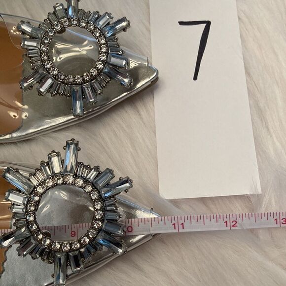 Vinyl Clear Rhinestone Pointed Toe Kitten Heel Slingback Sandals Shoes - Picture 8 of 16